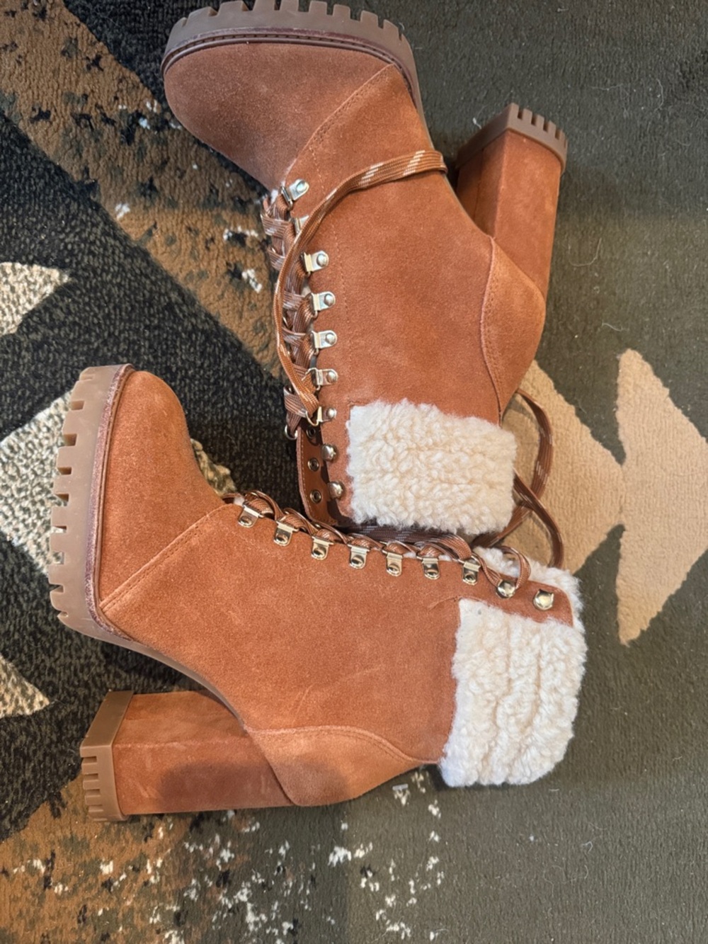 Gianni Bini Rust Suede Lace-Up Block Heel Ankle Boots with Shearling Cuff